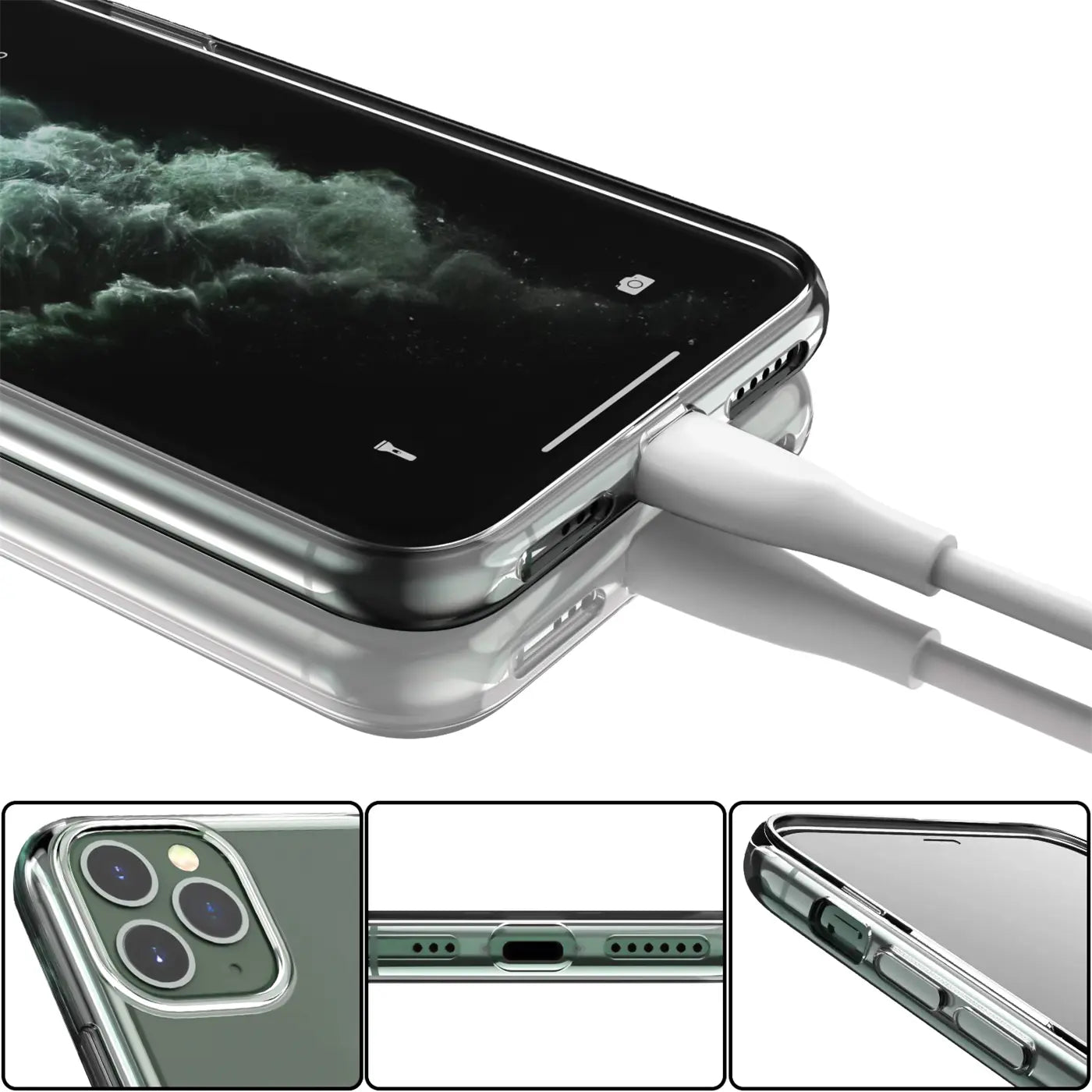 iPhone 12 Pro in klarer TPU-Hülle, Ladekabel angeschlossen, Nahaufnahme von unten.