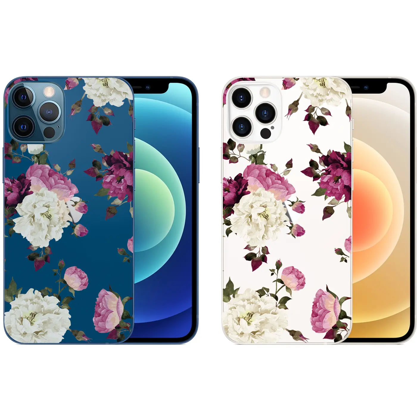 Zwei iPhone 12/12 Pro Hüllen aus TPU mit Blumenmuster, Vorderansicht.