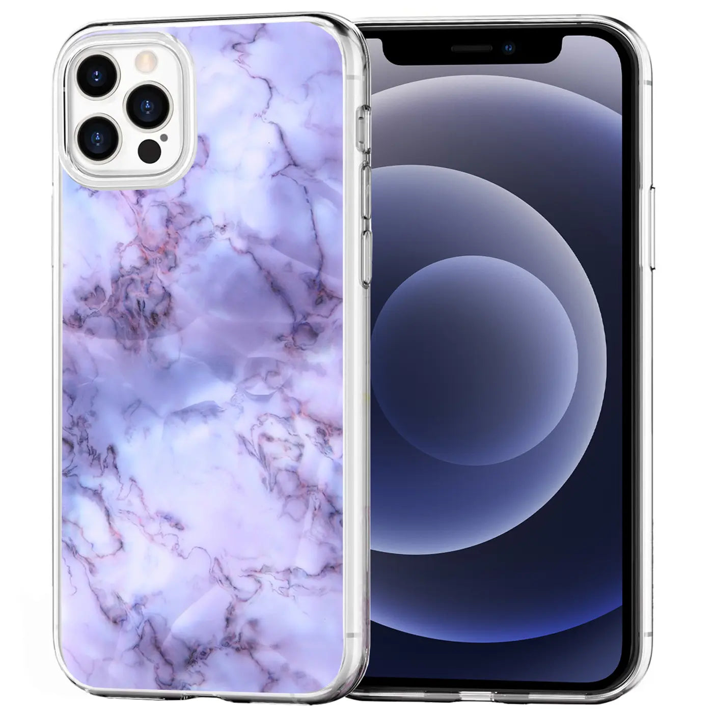 Lila Marmor TPU Hülle, Vorderansicht, neben iPhone 12 / 12 Pro