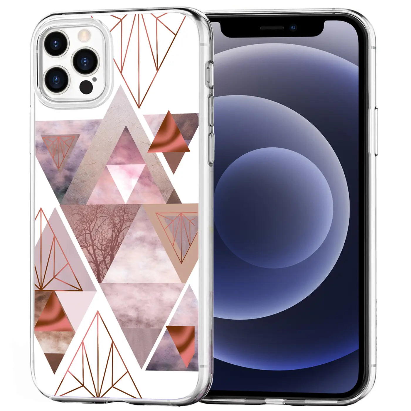iPhone 12/12 Pro TPU Hülle mit geometrischem Muster, Roségold und Rosa.