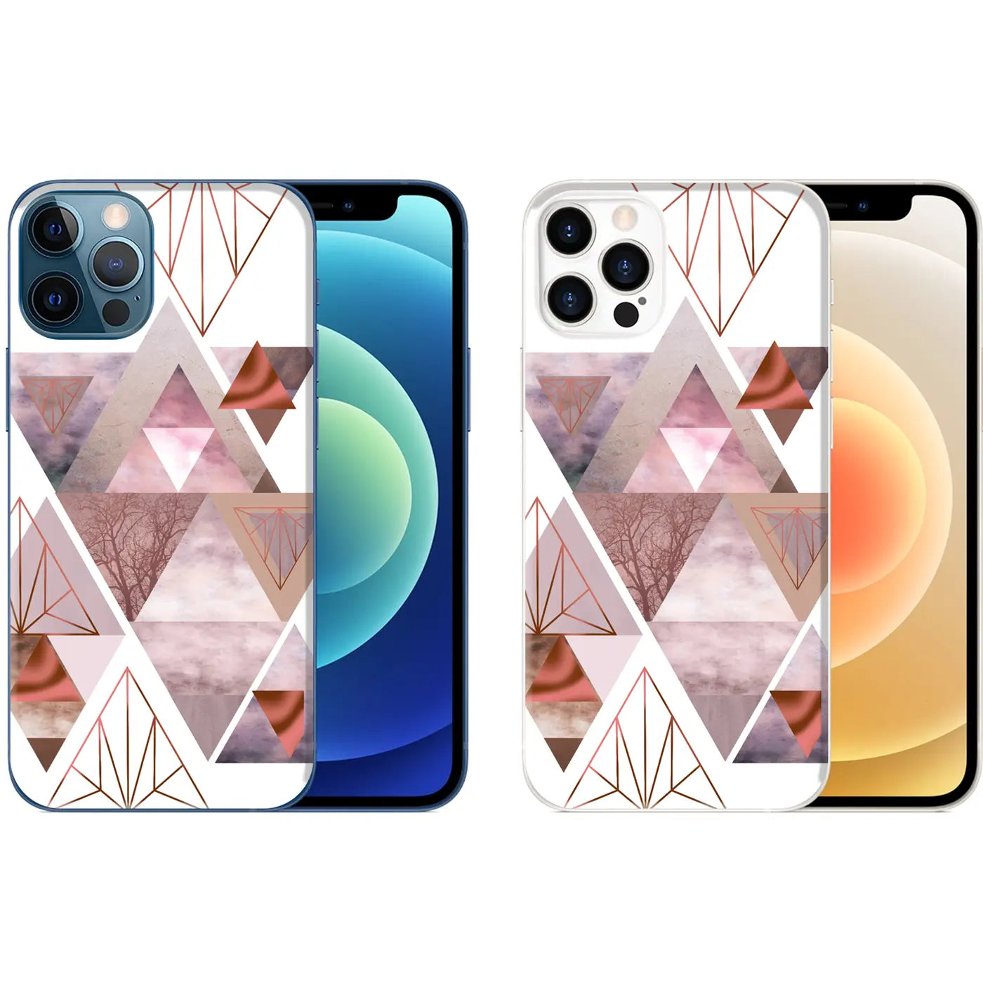 Zwei iPhone 12/12 Pro Hüllen mit geometrischem Muster in Rosa/Braun, TPU, Frontalansicht.