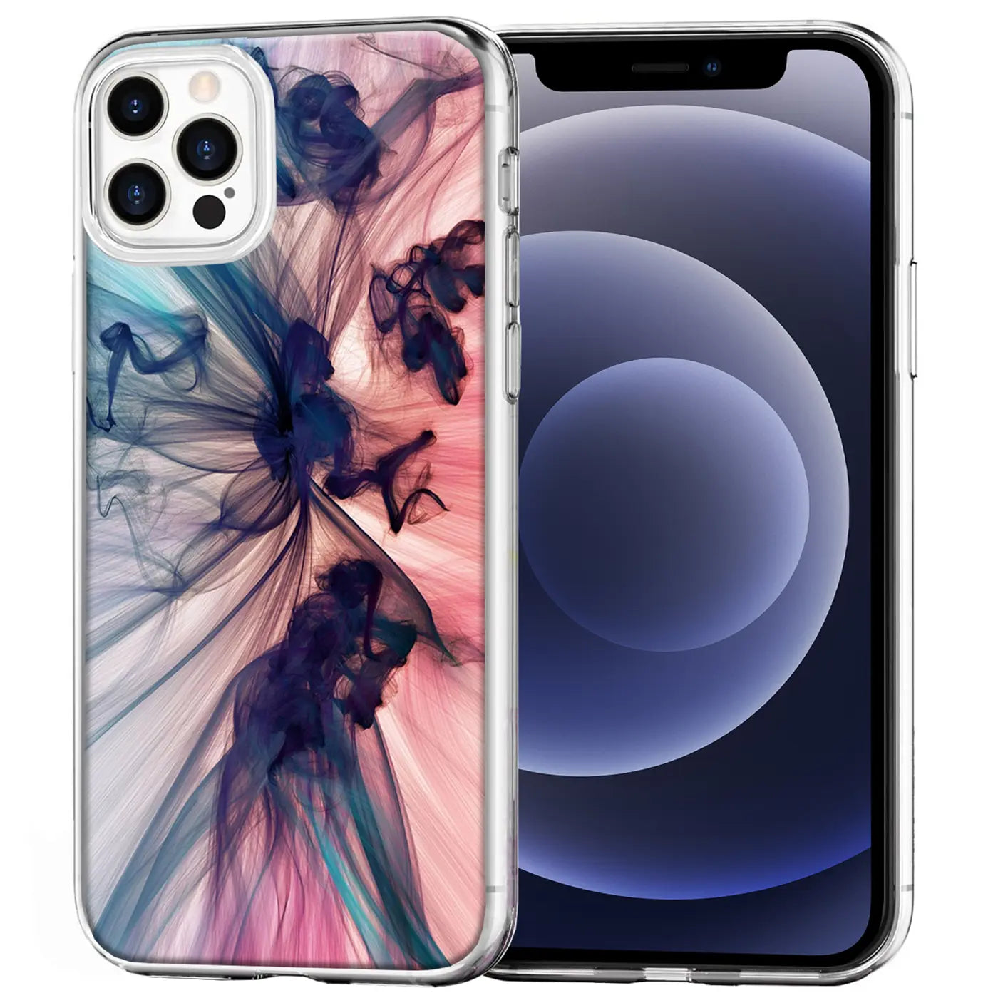 iPhone 12 Pro Max in klarer TPU-Hülle mit pink-blauem Rauchmotiv, schräg von vorne rechts.