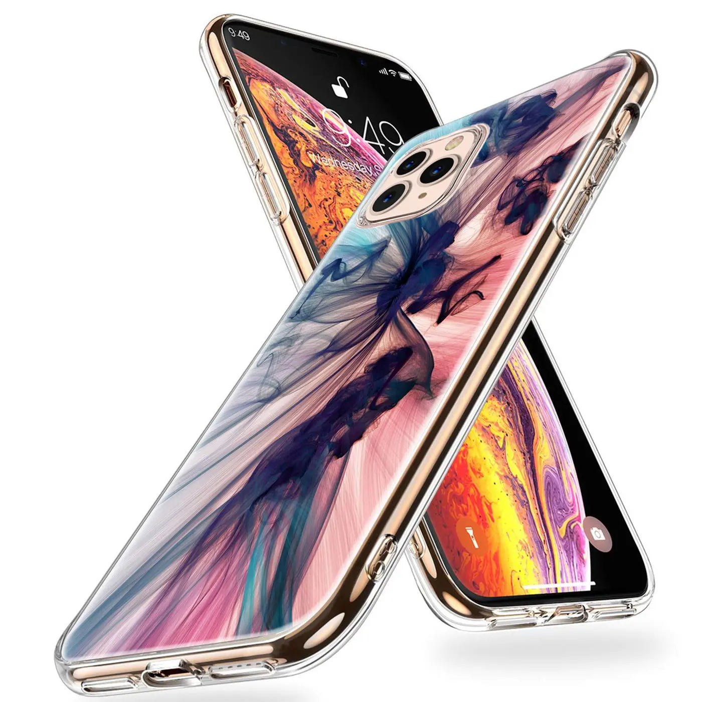 Zwei iPhone 12 Pro Max in transparenten TPU-Hüllen mit blau-pinkem Motivdruck, schräg von oben.