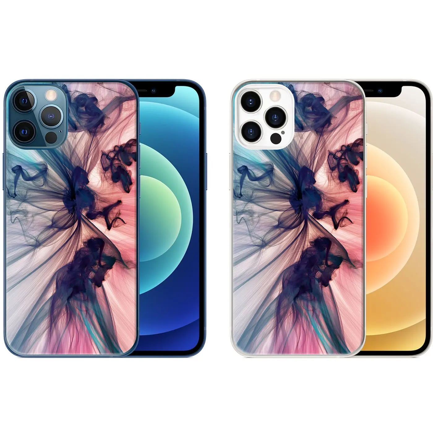 Zwei iPhone 12 Pro Max mit transparenten TPU-Hüllen von hinten, mit blau-pinkem Rauchmotiv.