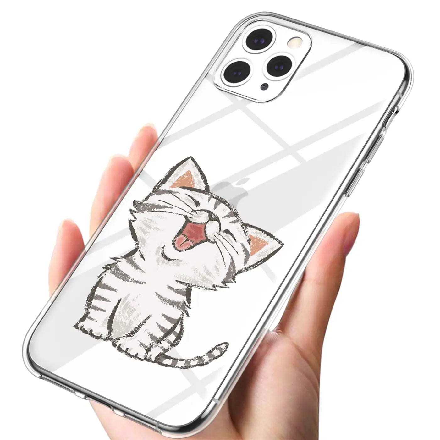 Transparente TPU-Hülle für iPhone 12 Pro Max, gehalten in der Hand, mit lachendem, gestreiftem Katzenmotiv.