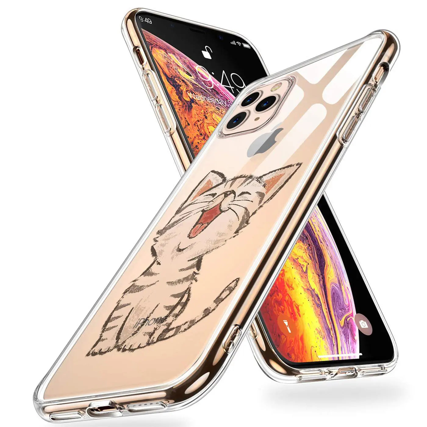 Transparente TPU-Hülle für iPhone 12 Pro Max mit lächelndem Katzenmotiv, schräg von vorne gezeigt.