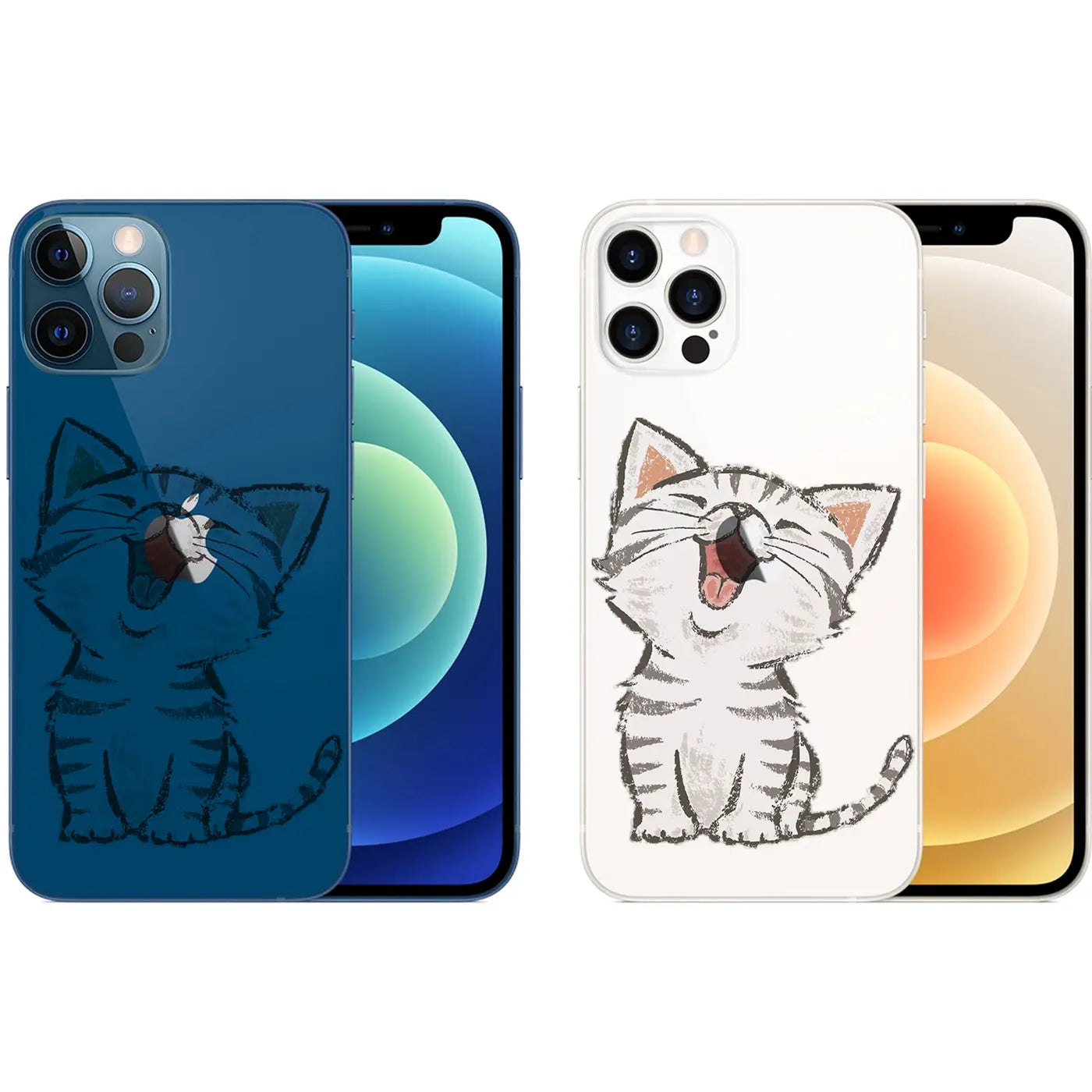 Zwei iPhone 12 Pro Max in TPU-Hüllen: links blau mit dunkelblauem Katzenmotiv, rechts transparent mit grauem Katzenmotiv.