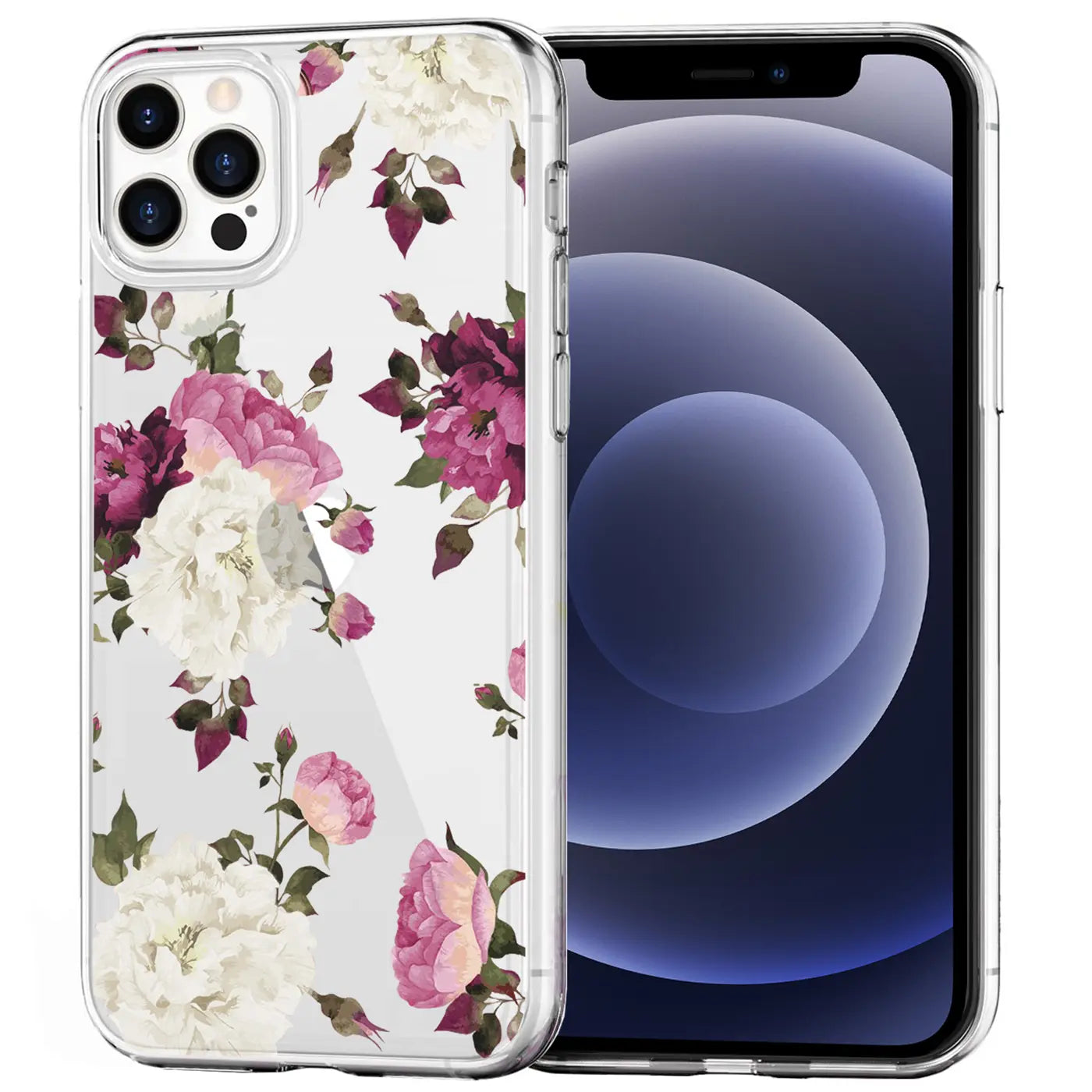 Transparente TPU-Hülle für iPhone 12 Pro Max mit weißem, rosa und bordeauxrotem Blumenmuster, leicht schräg von vorn.
