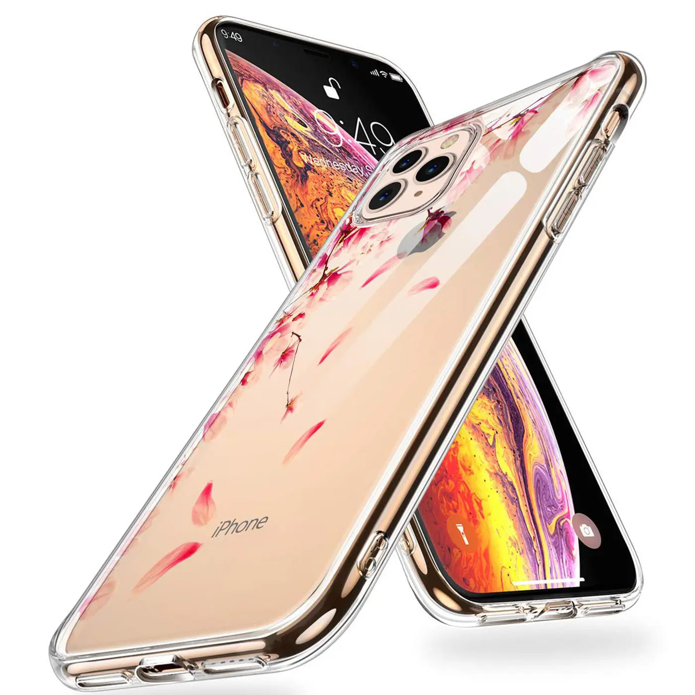 Transparente TPU-Hülle für iPhone 12 Pro Max mit Motivdruck roter Blüten, schräg von oben.