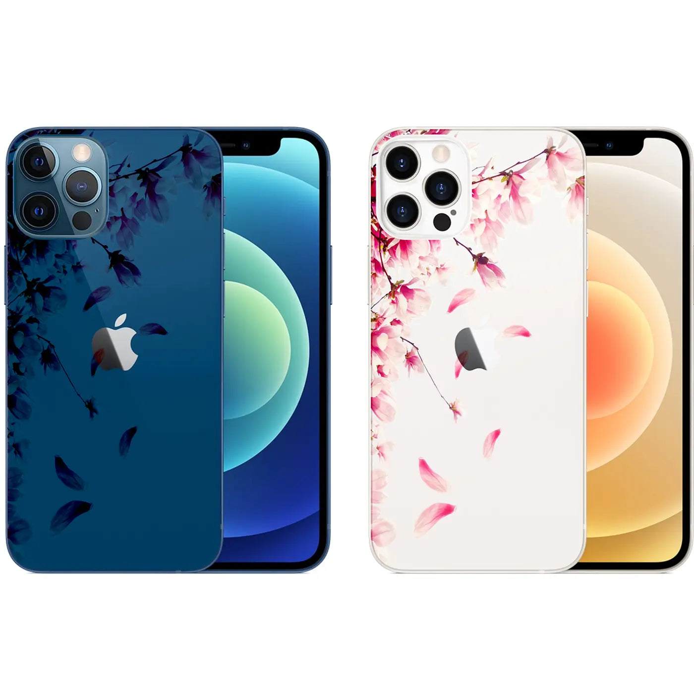 Zwei iPhone 12 Pro Max TPU-Hüllen mit Blütenmotiv: links dunkelblau mit lila Blüten, rechts weiß mit rosa Blüten.