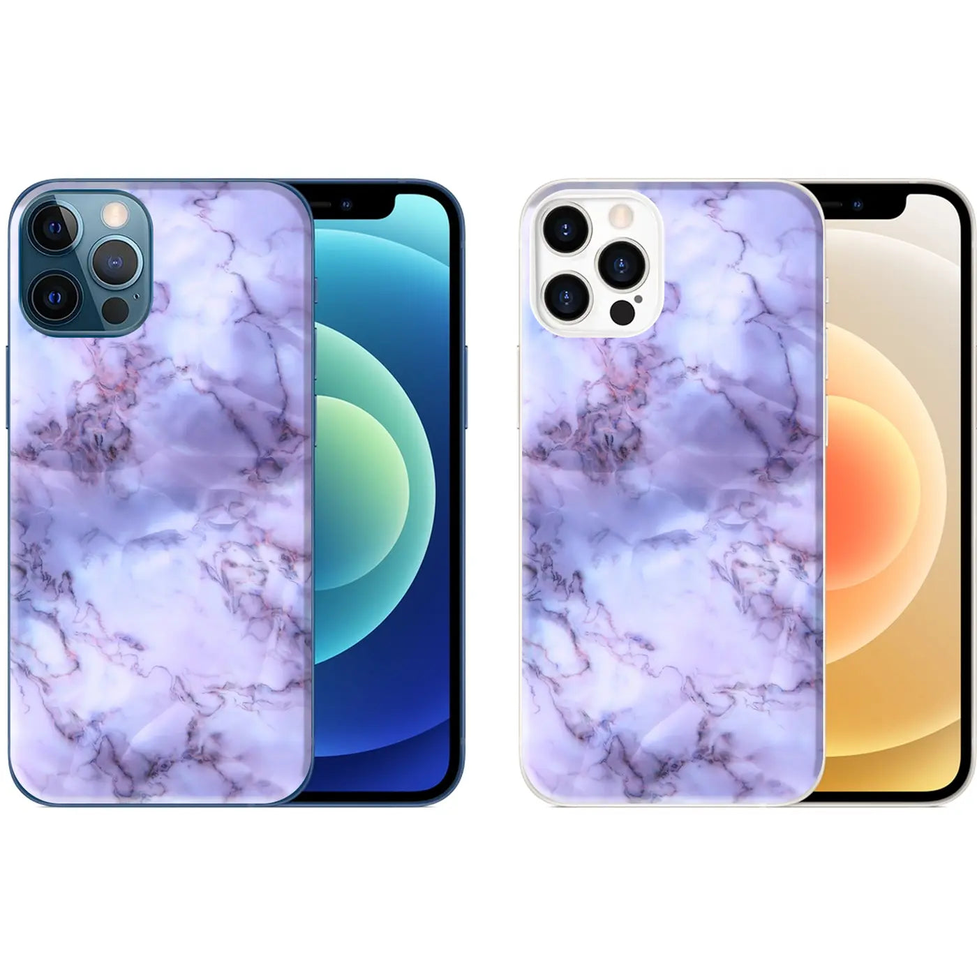Zwei iPhone 12 Pro Max mit lila Marmor-TPU-Hüllen, von hinten schräg links und rechts gezeigt.