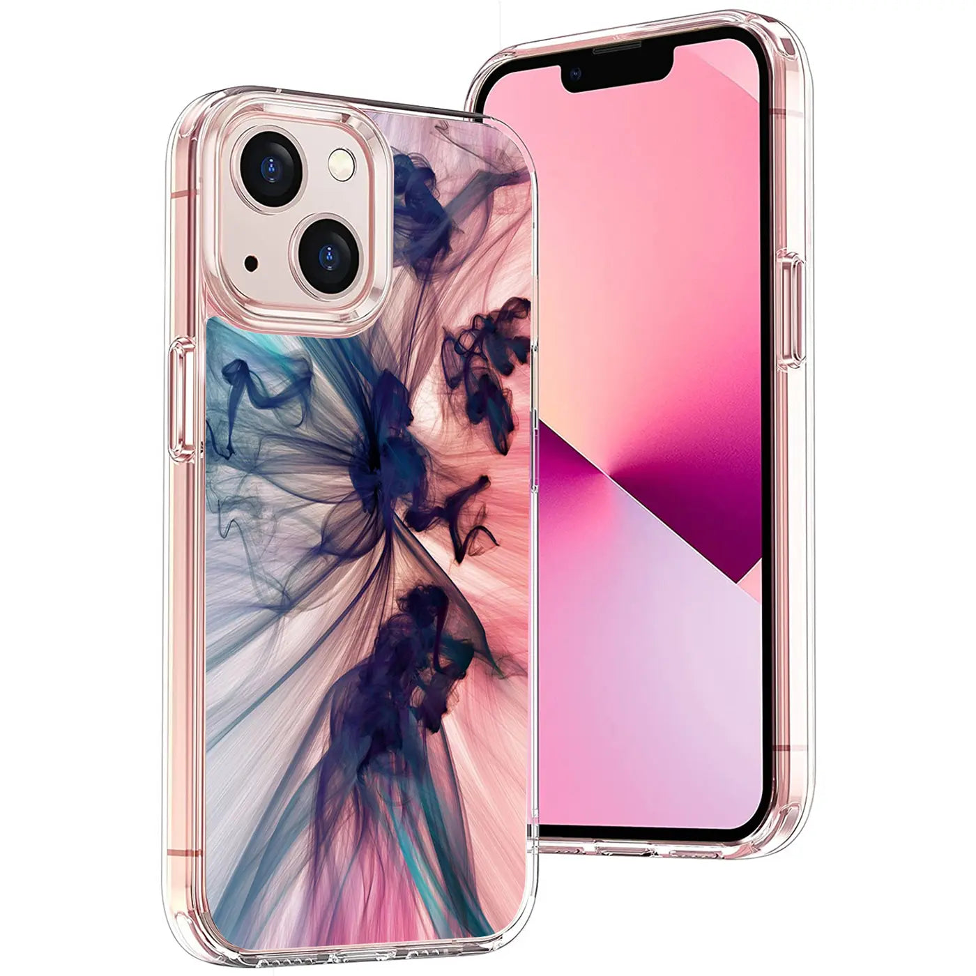iPhone 13 Mini in transparenter TPU-Hülle mit blau-rosa Rauchmotiv, leicht schräg von hinten rechts.