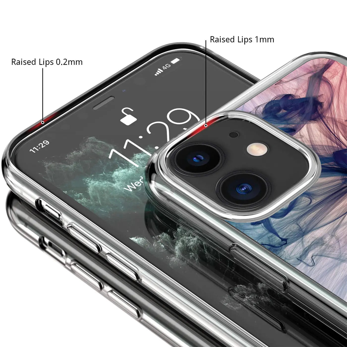 Nahaufnahme eines iPhone 13 Mini in einer transparenten TPU-Hülle mit blau-rosa Motiv, schräg von oben.
