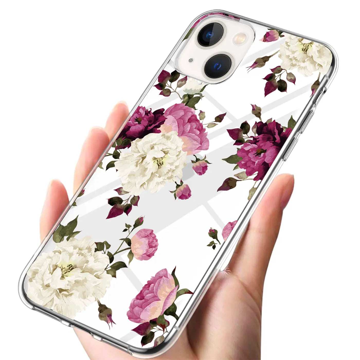 Hand hält transparentes iPhone 13 Mini TPU-Case mit weiß-rosa-lila Blumenmuster, leicht schräg von oben.