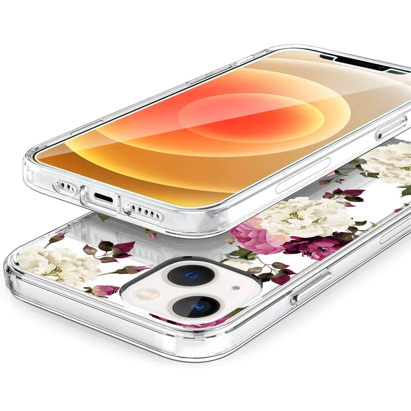 Transparente TPU Hülle für iPhone 13 Mini mit weißem und pinkem Blumenmuster, schräg von oben.