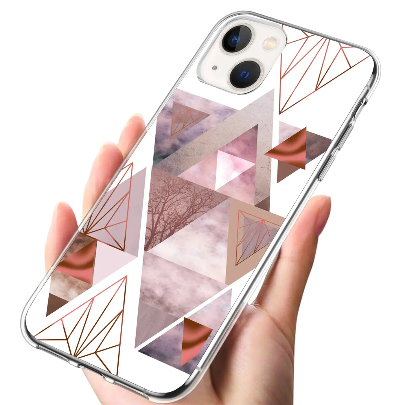 Hand hält transparentes iPhone 13 Mini TPU-Case mit geometrischem Dreiecksmuster in Rosa, Braun und Weiß.
