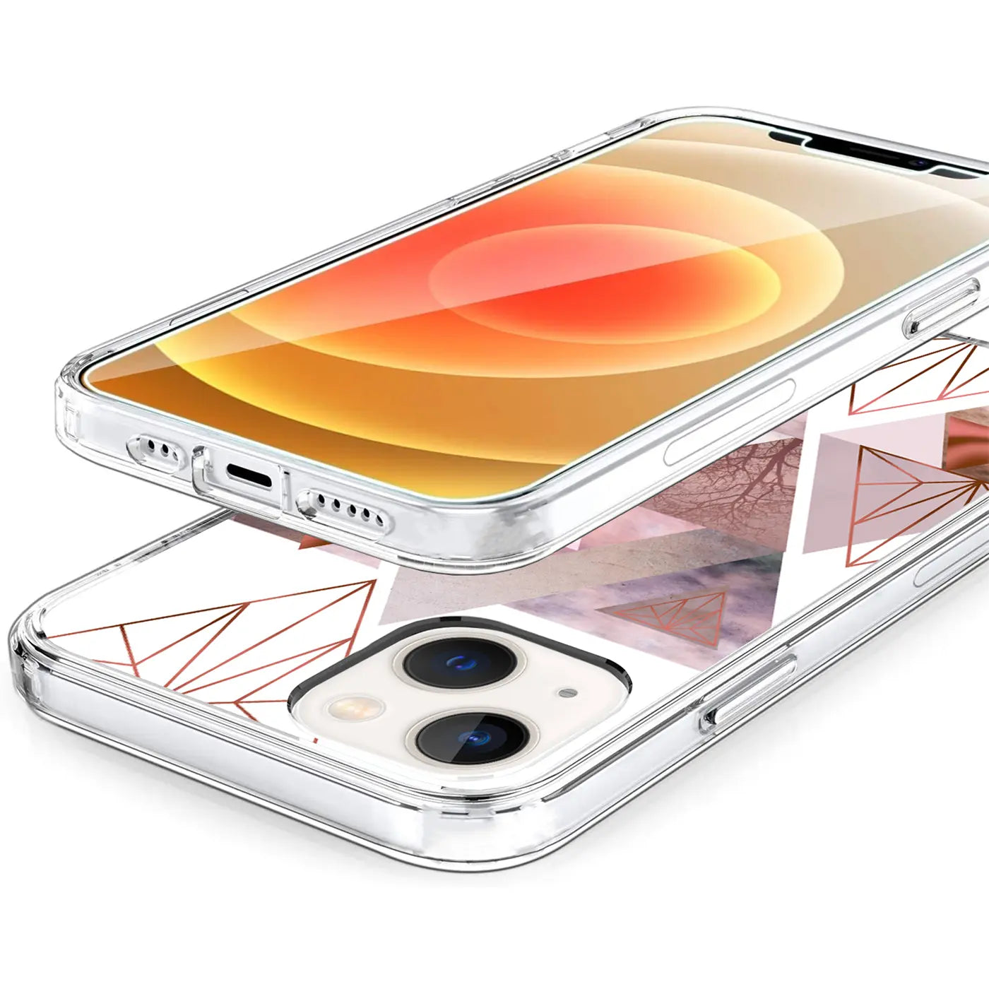 Transparente TPU Hülle für iPhone 13 Mini mit geometrischem Motiv in Roségold und Weiß, schräg von oben.