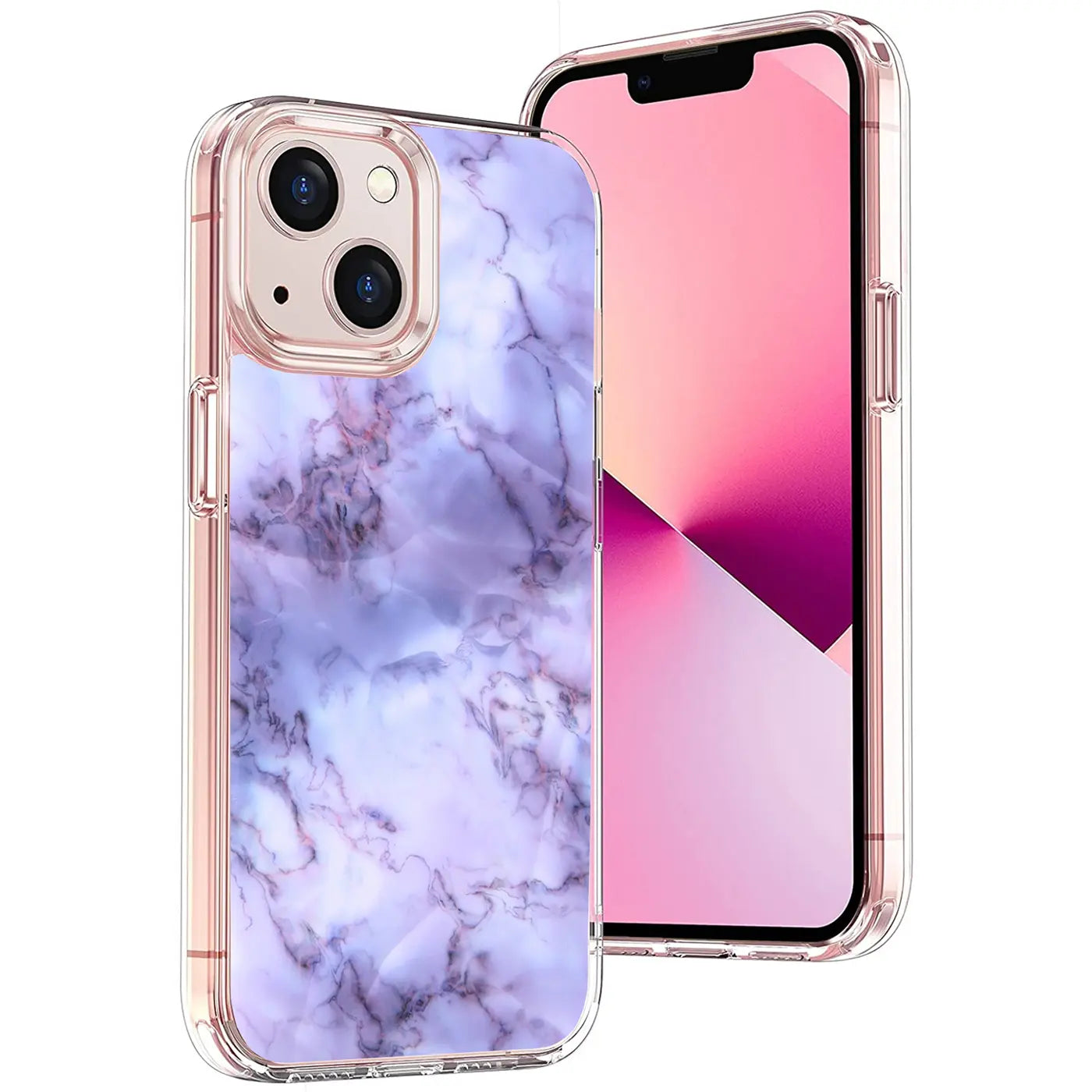 iPhone 13 Hülle, lila Marmor-TPU, von vorne, mit roségoldenem Rahmen.
