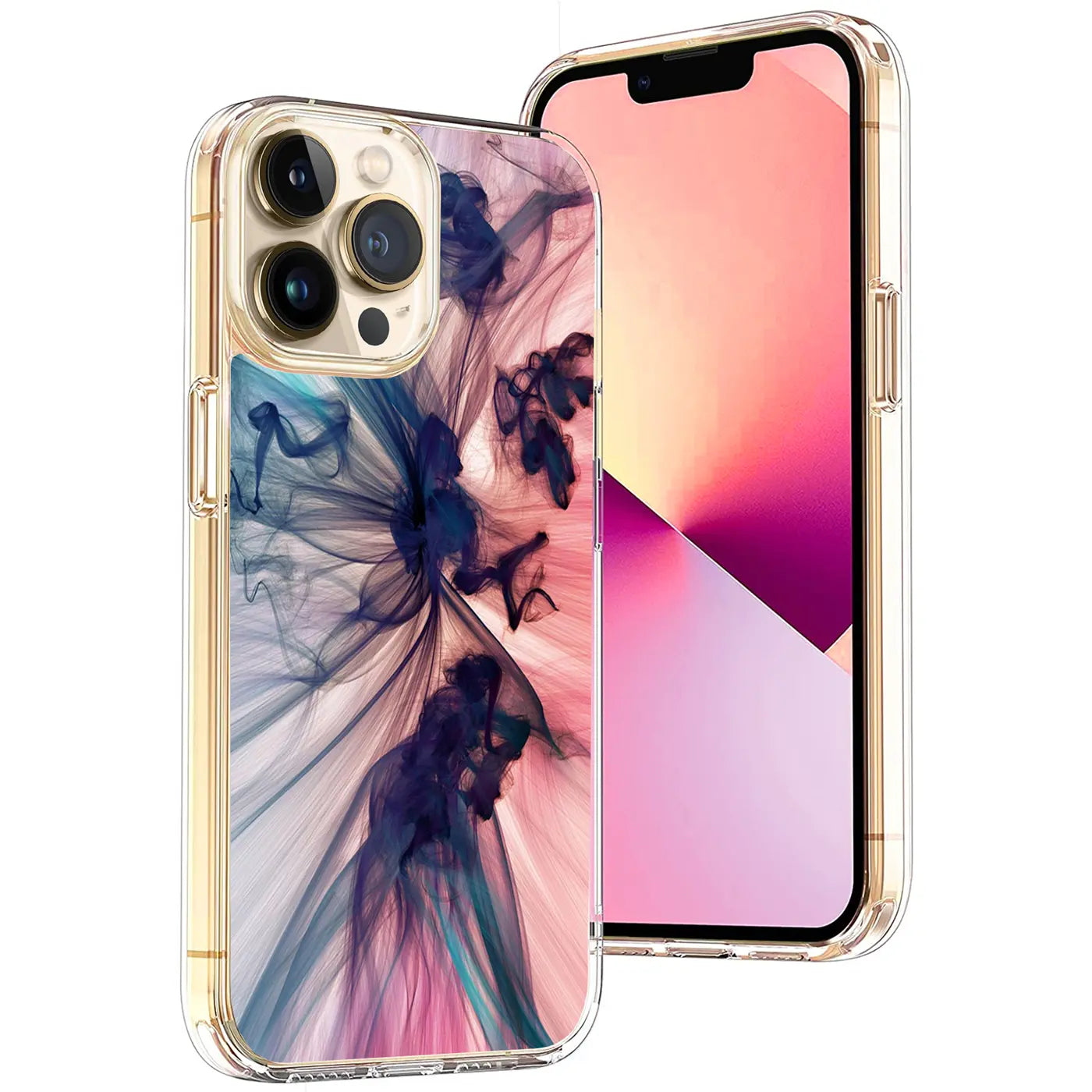 iPhone 13 Pro in transparenter TPU-Hülle mit abstraktem, blau-rosa Motivdruck, leicht schräg von vorne.