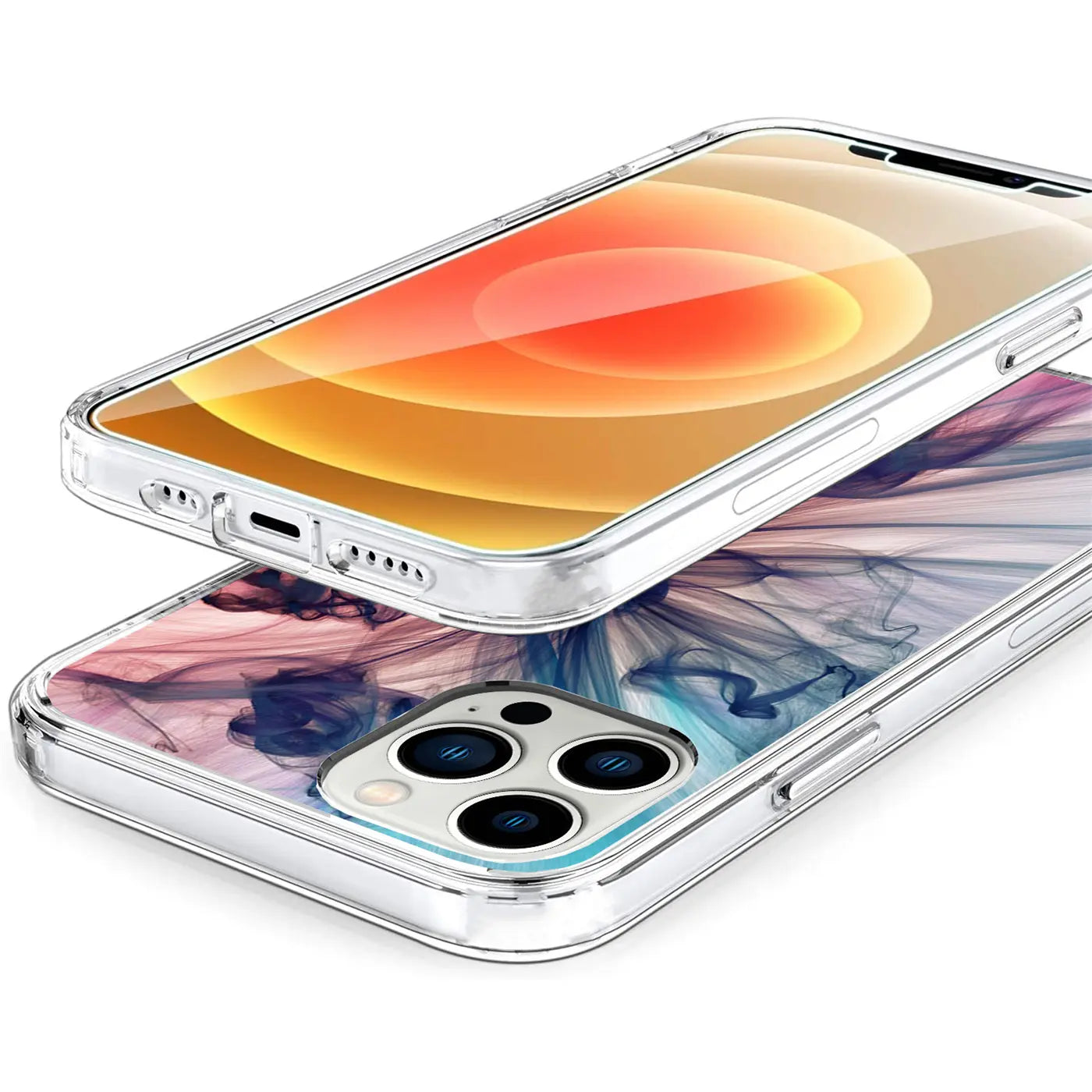 Zwei transparente TPU-Hüllen für iPhone 13 Pro, eine mit abstraktem blau-rosa Muster, die andere darüber schwebend.