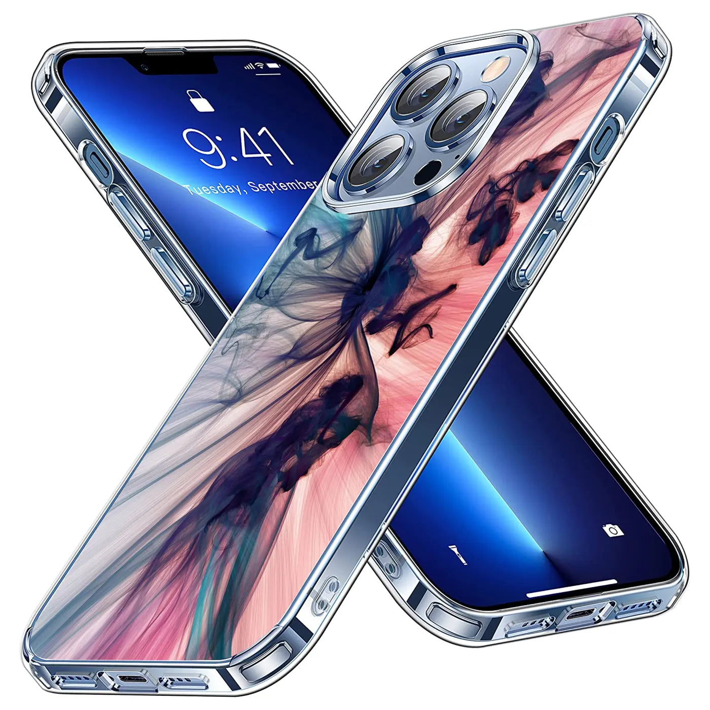 Zwei iPhone 13 Pro in transparenten TPU-Hüllen mit abstrakten, rosa-blauen Rauchmotiven, diagonal gekreuzt.