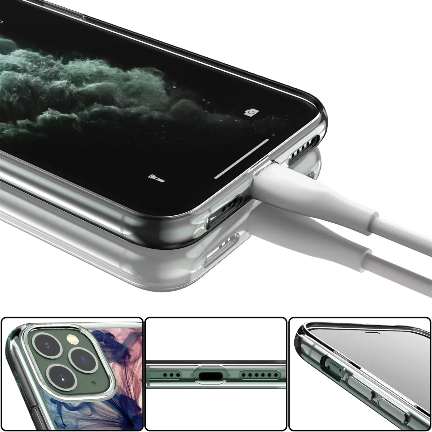 Nahaufnahme eines iPhone 13 Pro in klarer TPU-Hülle, von unten rechts, mit eingestecktem weißem Ladekabel.