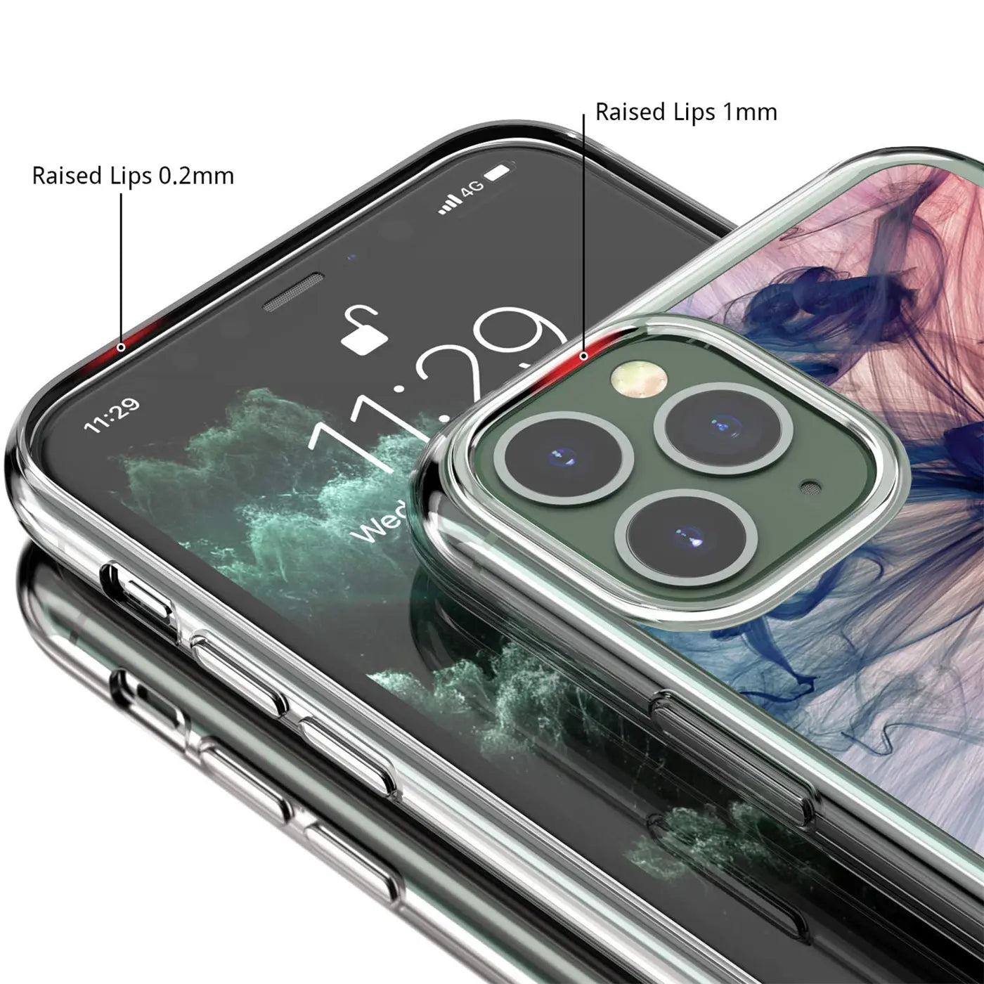 Klares TPU-Case mit blau-rosa Motivdruck für ein iPhone 13 Pro. Nahaufnahme der erhöhten Kanten um Display und Kamera.