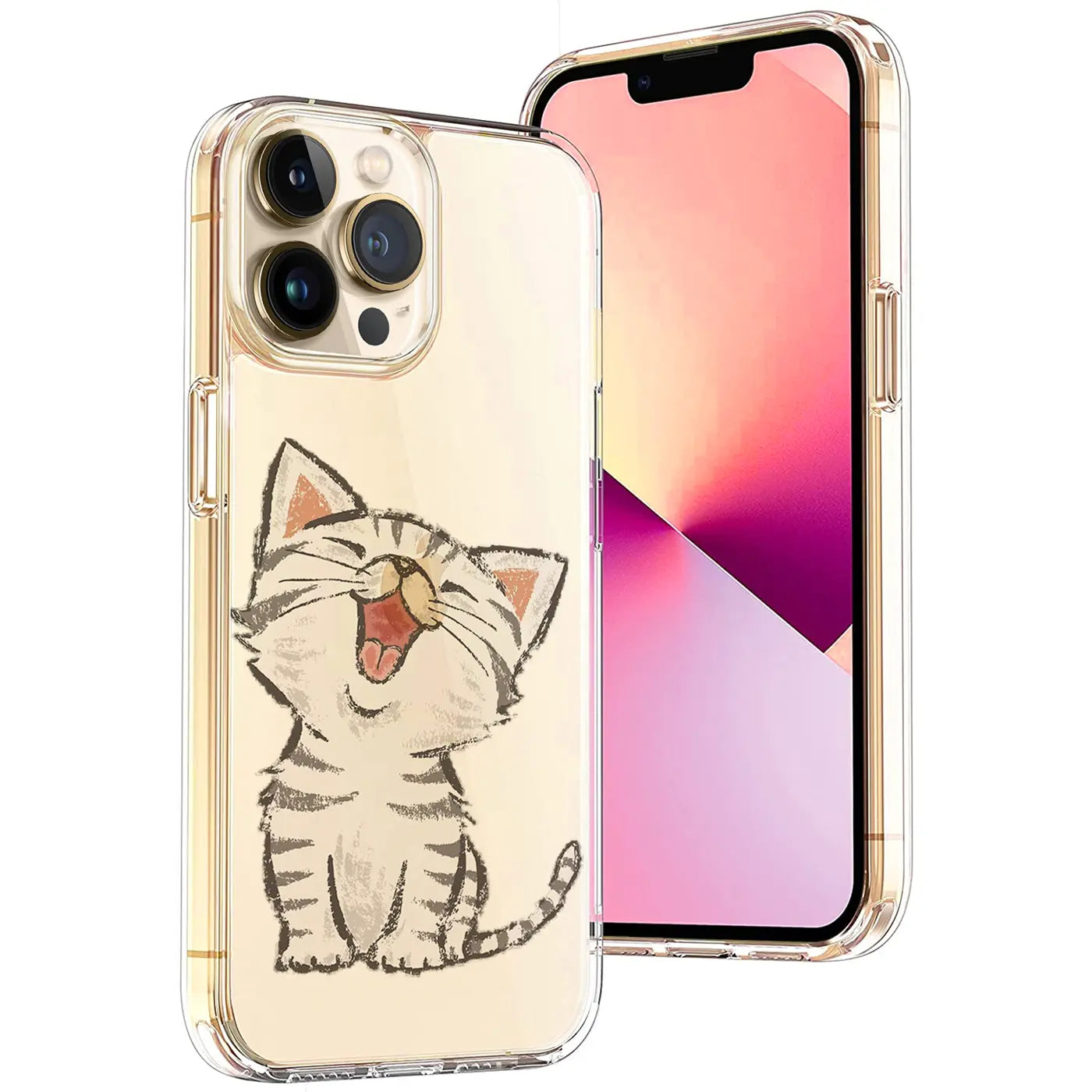 iPhone 13 Pro in transparenter TPU-Hülle mit lachendem Katzenmotiv, leicht schräg von hinten links.