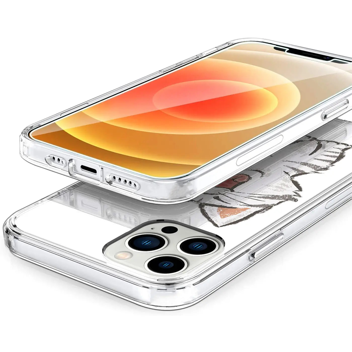 Transparente TPU-Hülle für iPhone 13 Pro mit weißem Katzenmotiv, leicht schräg von oben auf weißem Hintergrund.
