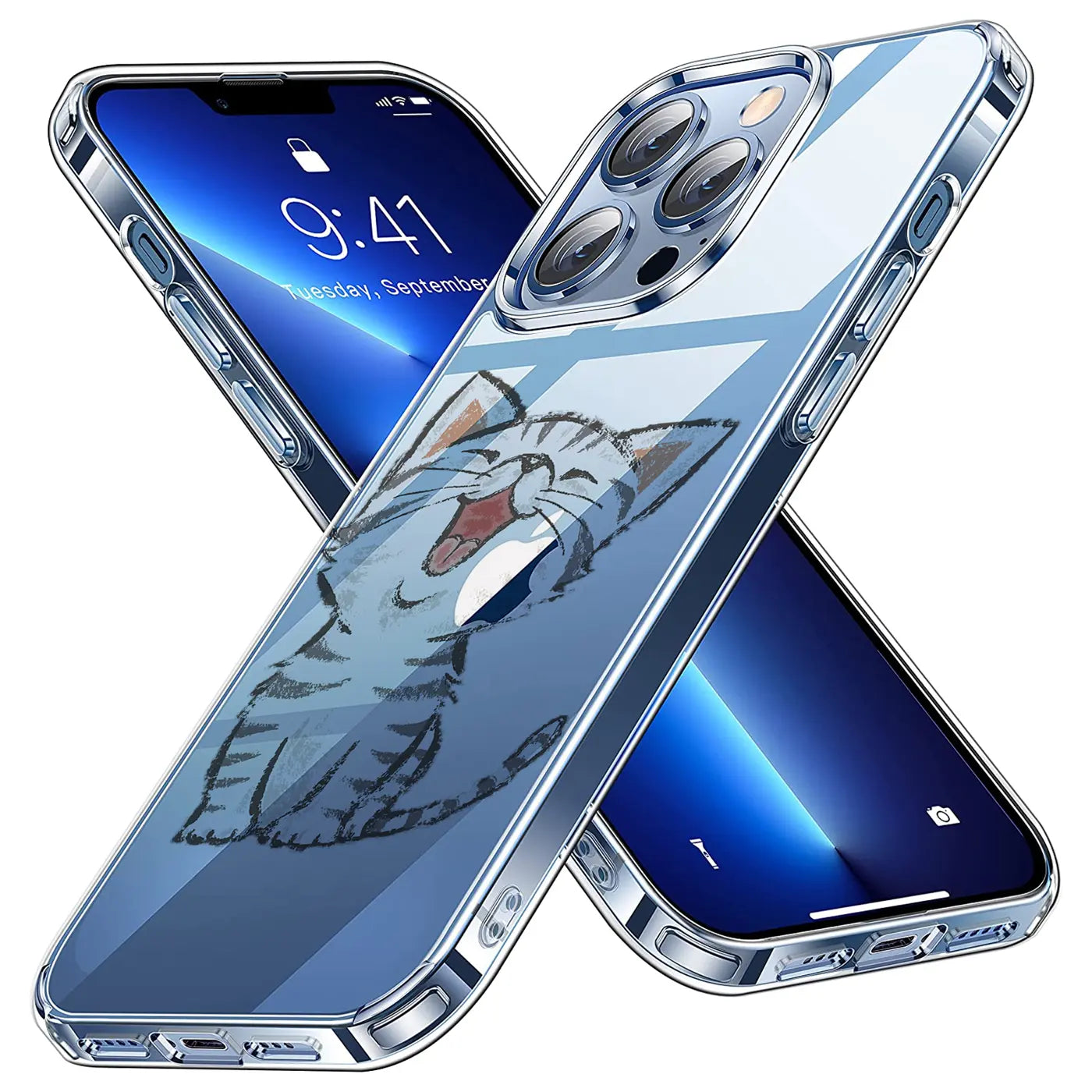 Zwei transparente, glänzende TPU-Hüllen für iPhone 13 Pro, eine mit lachendem Katzenmotiv, schräg von oben.