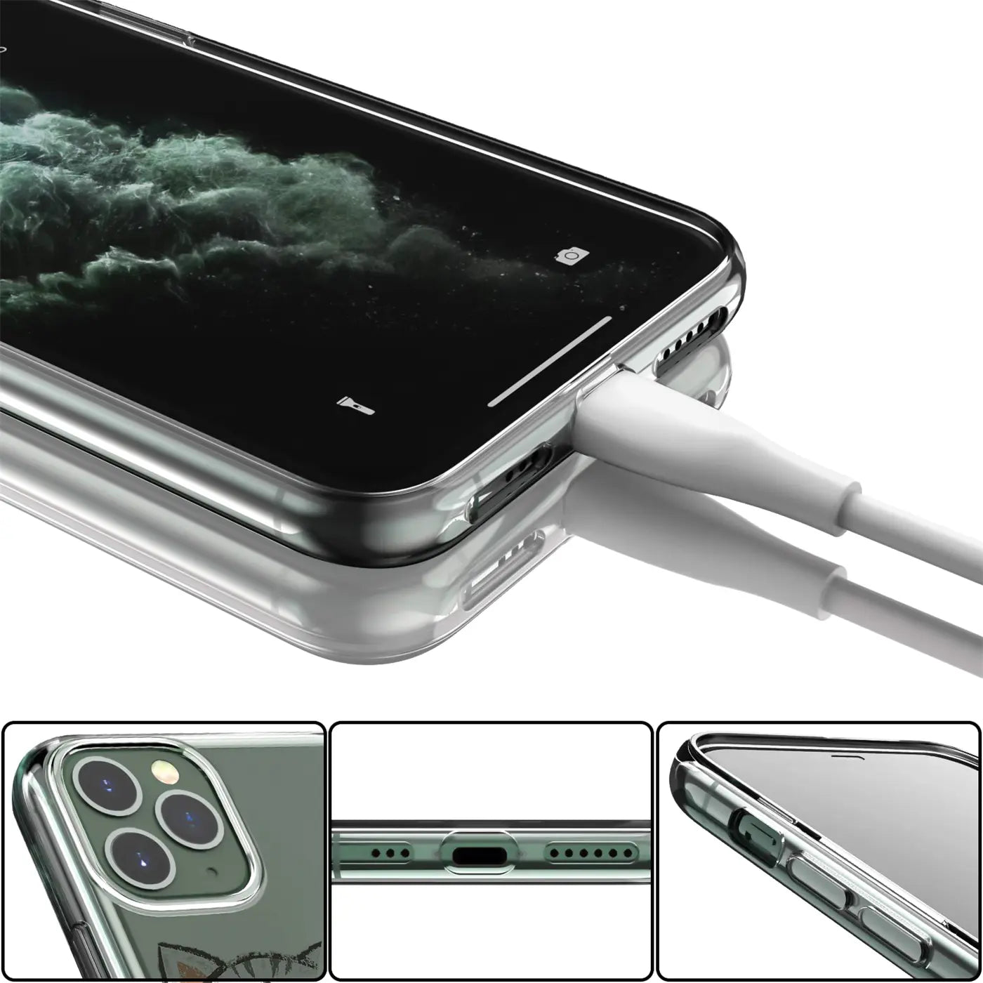 Transparentes TPU-Case auf iPhone 13 Pro, seitlich von oben, mit eingestecktem weißem Ladekabel. Unten: Kamera.