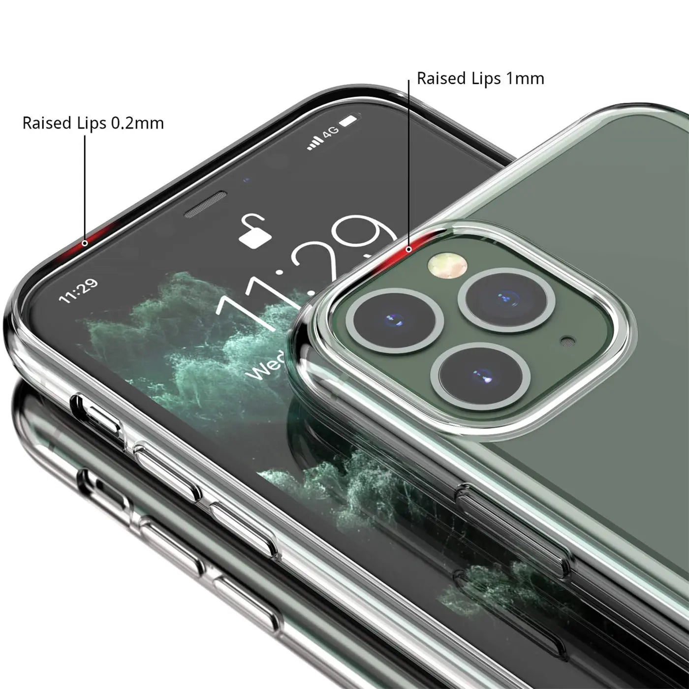 Transparente TPU-Hülle auf iPhone 13 Pro, schräg von oben. Erhöhte Ränder um Display und Kamera sind markiert.