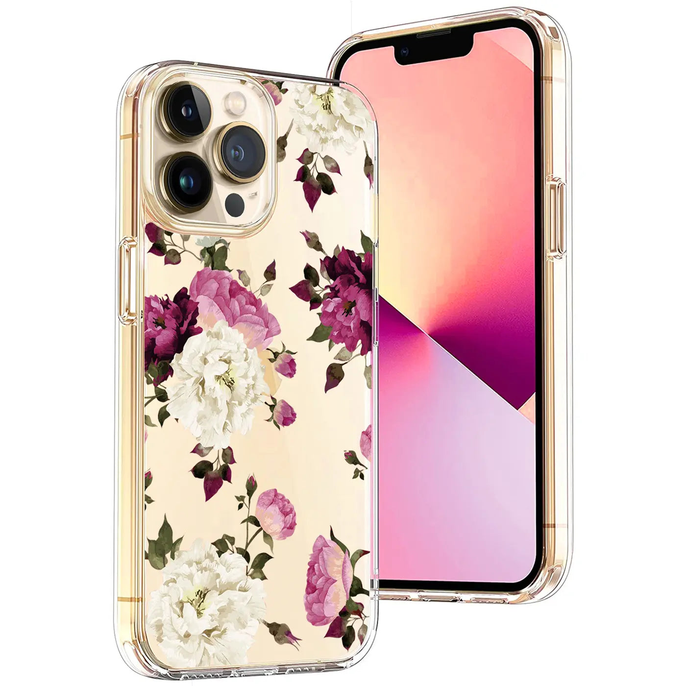 Transparente TPU-Hülle für iPhone 13 Pro mit weiß-violettem Blumenmuster, leicht schräg von vorne.