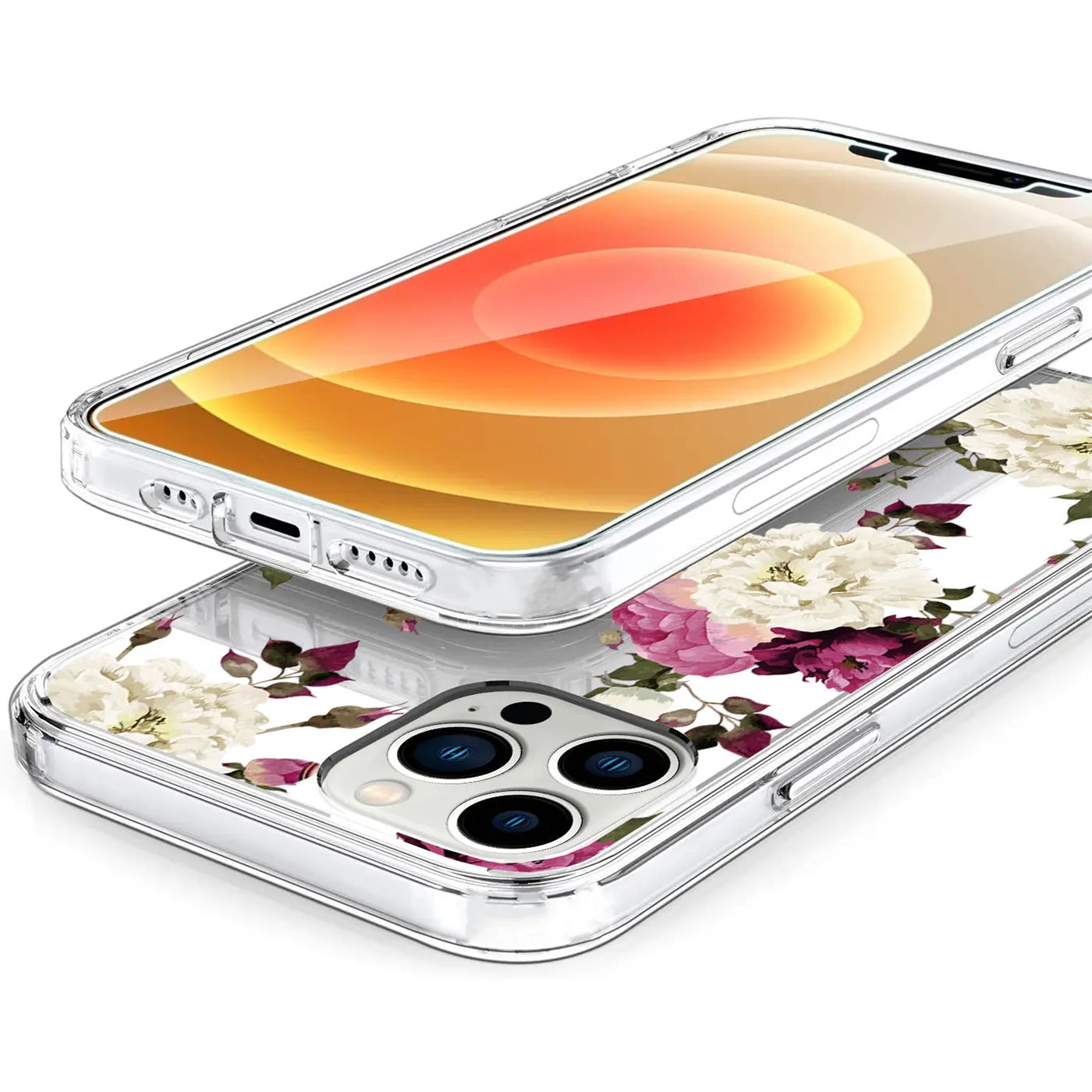 Transparente TPU-Hülle für iPhone 13 Pro mit weißem und pinkem Blumenmuster, schräg von oben.