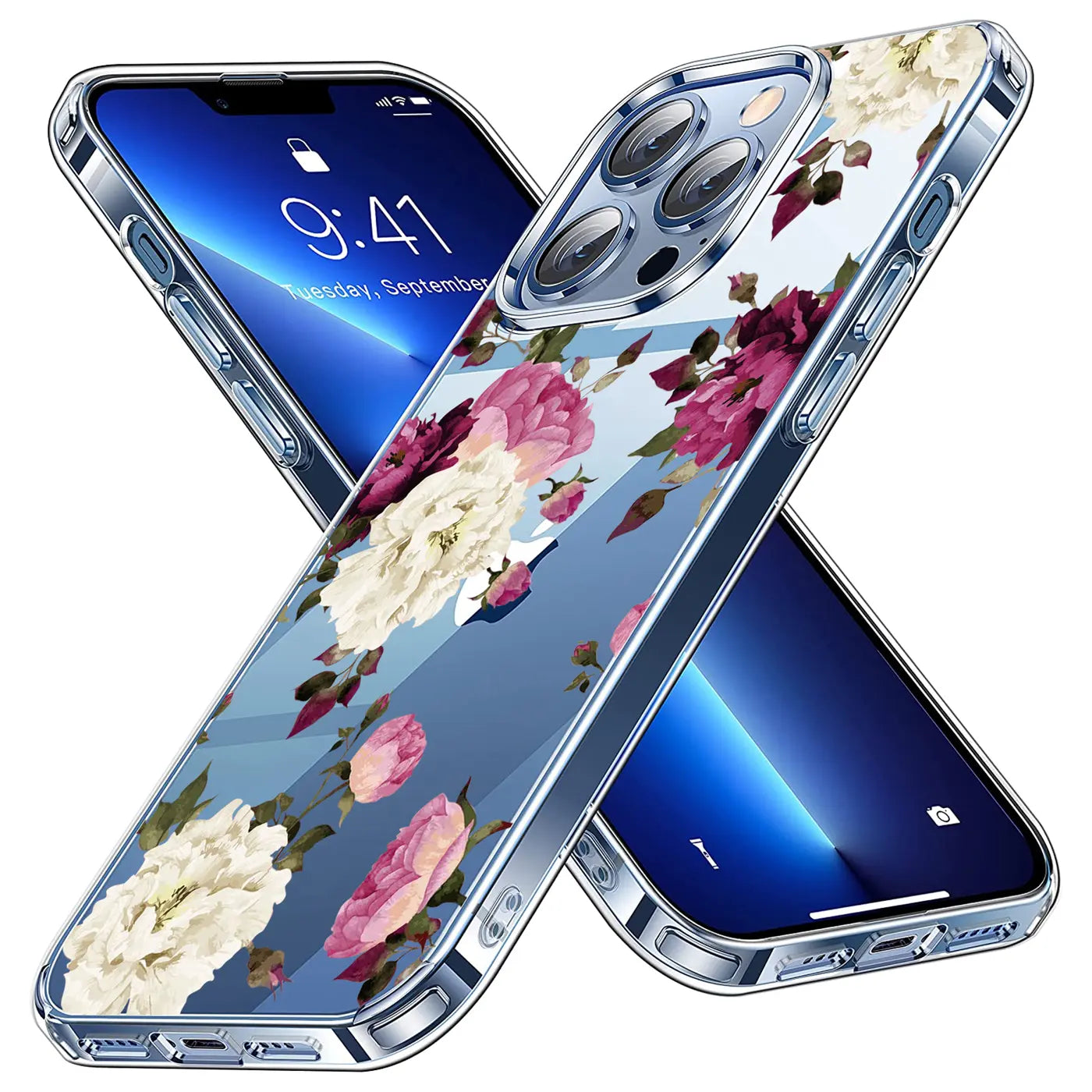 Zwei iPhone 13 Pro mit transparenter TPU-Hülle und rosa/weißen Blumenmuster, schräg von oben.
