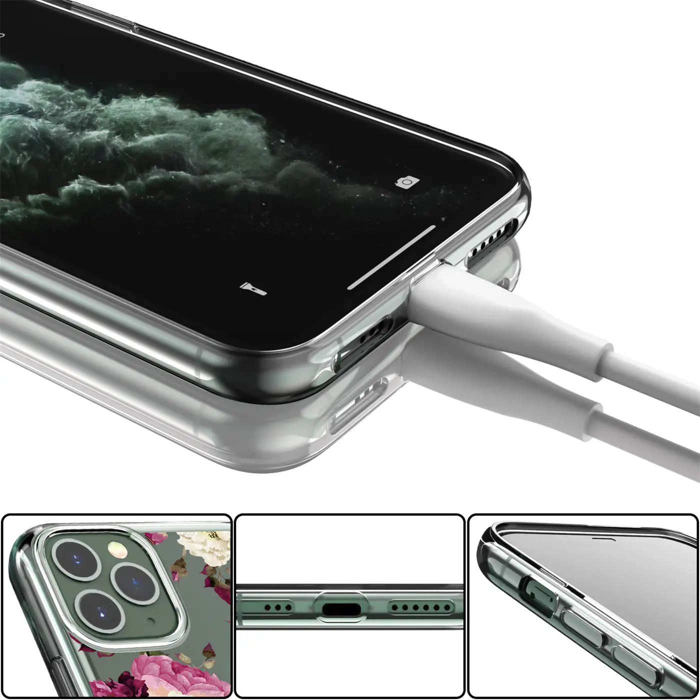iPhone 13 Pro in transparenter TPU-Hülle mit Blumenmotiv, von unten schräg und in drei Detailansichten gezeigt.