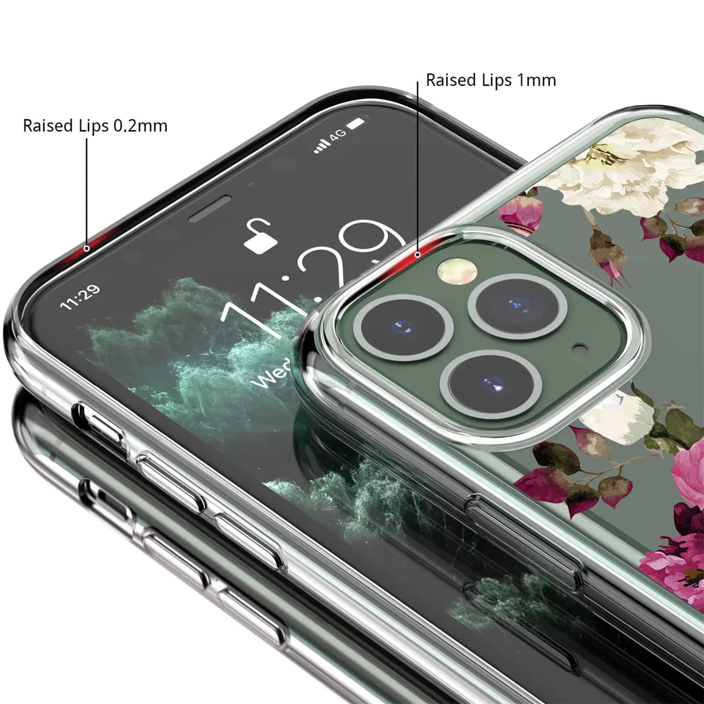 Transparentes TPU-Case mit Blumenmotiv auf iPhone 13 Pro, schräg von oben, mit erhöhten Rändern.