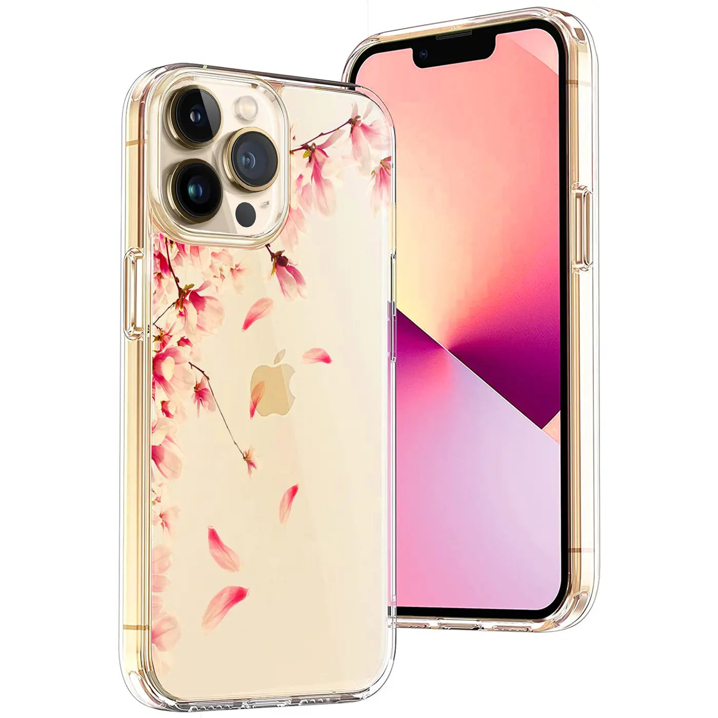 Transparente TPU-Hülle für iPhone 13 Pro mit rosa Kirschblüten-Motiv, schräg von hinten links und vorne rechts.