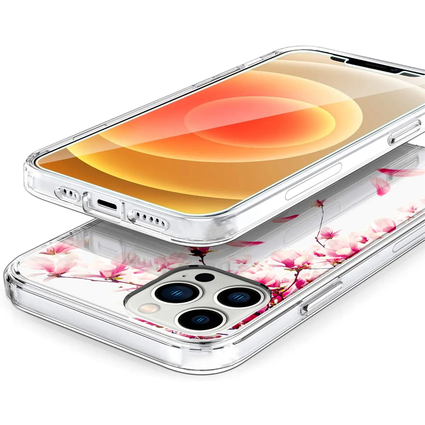 Transparente TPU-Hülle für iPhone 13 Pro mit rosa Blütenmotiv, schräg von oben auf weißem Hintergrund.