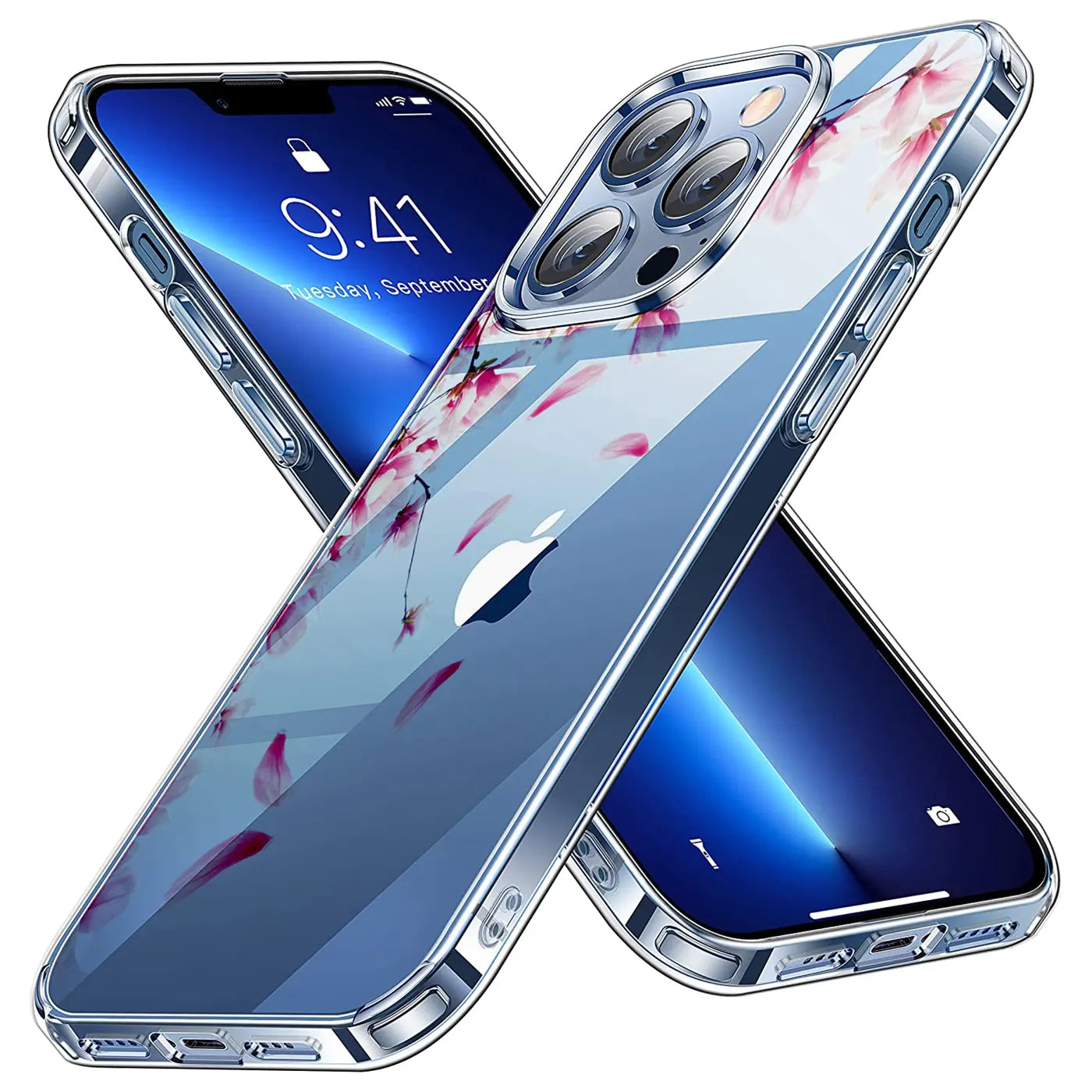 Zwei iPhone 13 Pro in transparenten TPU-Hüllen mit rosa Blütenmotiv, schräg von oben.