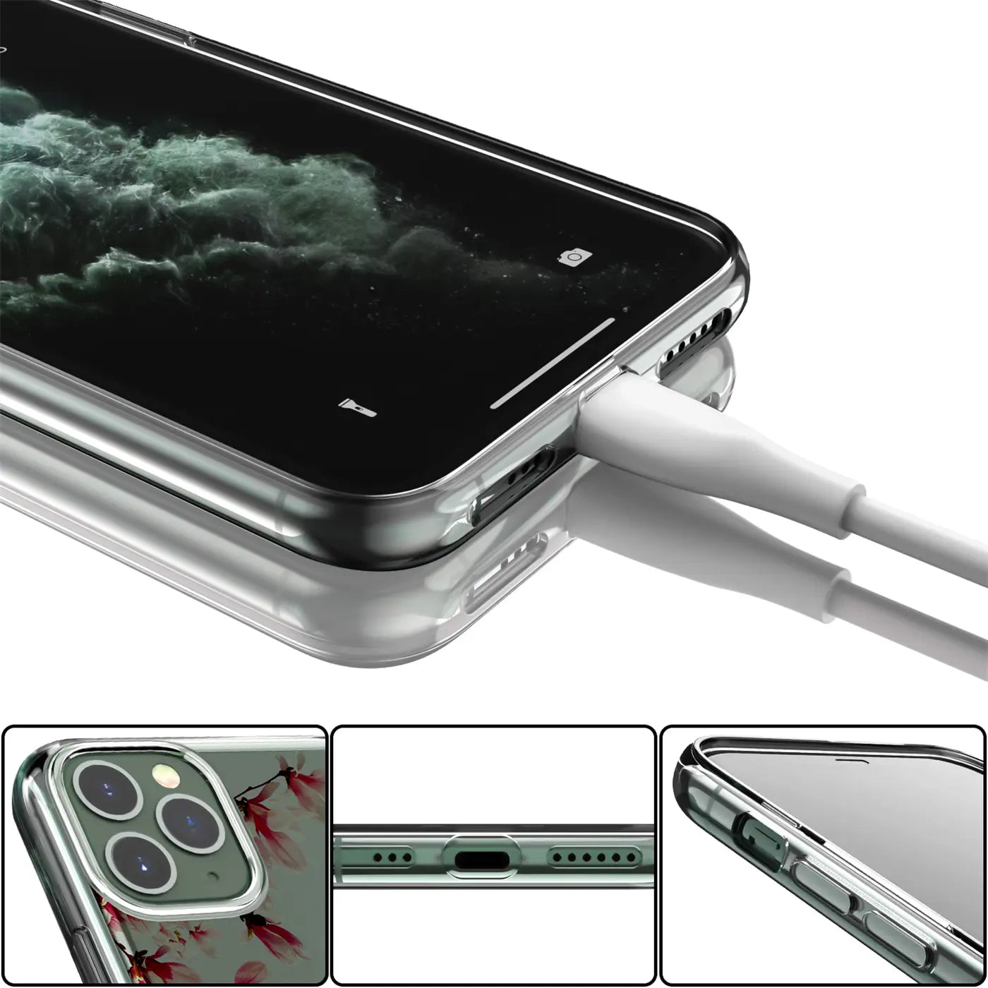 Transparentes TPU-Case mit rotem Blumenmotiv für iPhone 13 Pro, von oben rechts mit Ladekabel.