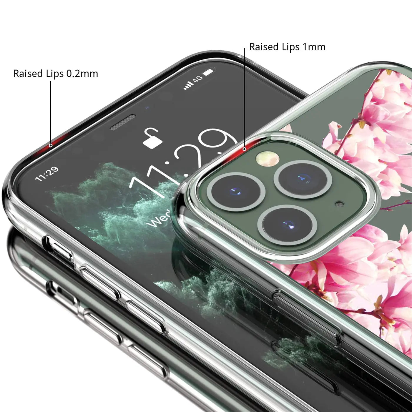 Transparentes TPU-Case für iPhone 13 Pro mit rosa Blütenmuster, schräg von oben, Fokus auf Kamera und Display.