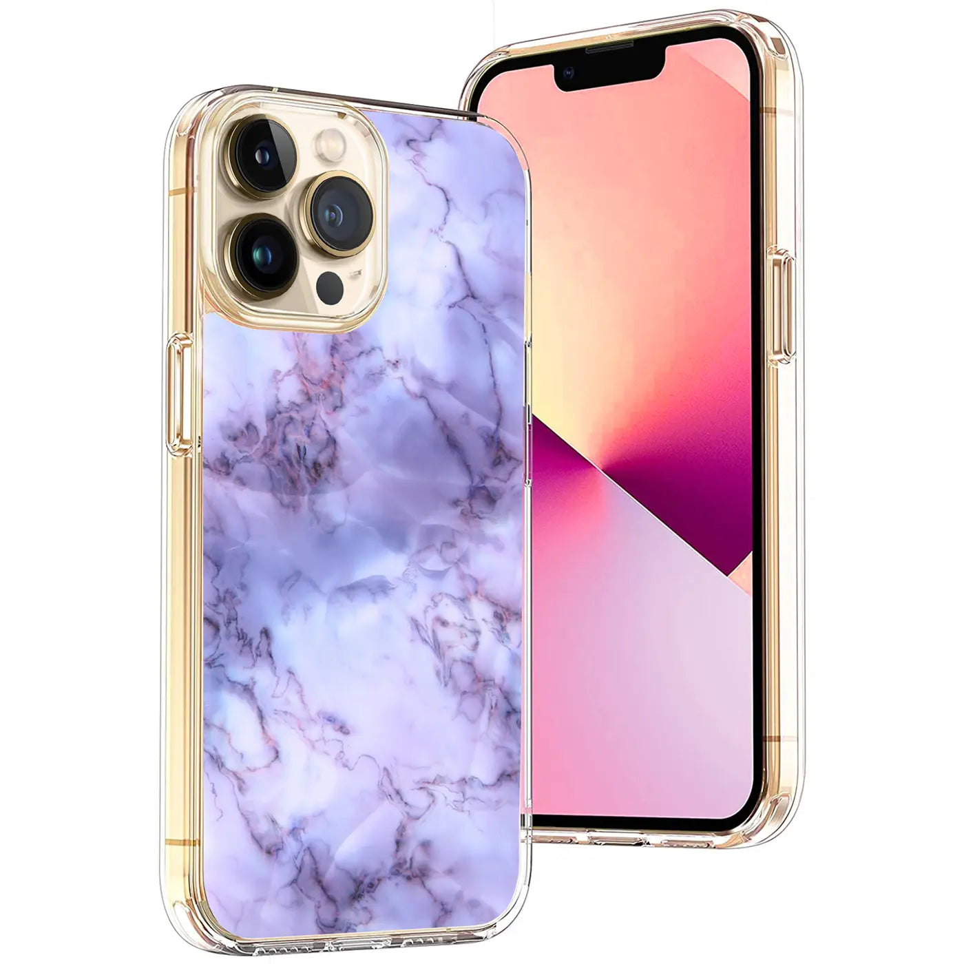 iPhone 13 Pro in transparenter TPU-Hülle mit lila-weißem Marmor-Motivdruck, leicht schräg von vorne rechts.