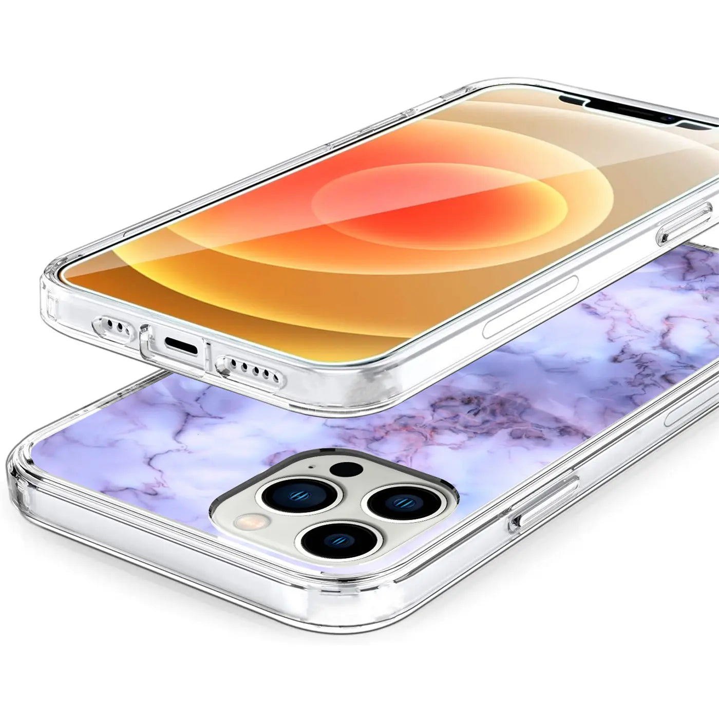 iPhone 13 Pro in transparenter TPU-Hülle mit lila-weißem Marmormuster, leicht schräg von oben.