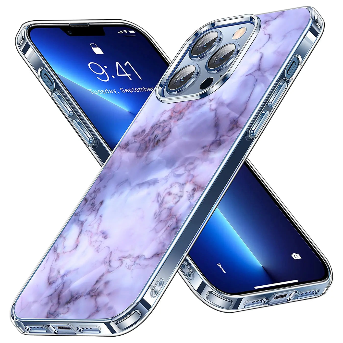 Zwei iPhone 13 Pro in TPU-Hüllen mit lila-weißem Marmormuster und transparenten Seiten, schräg übereinander.