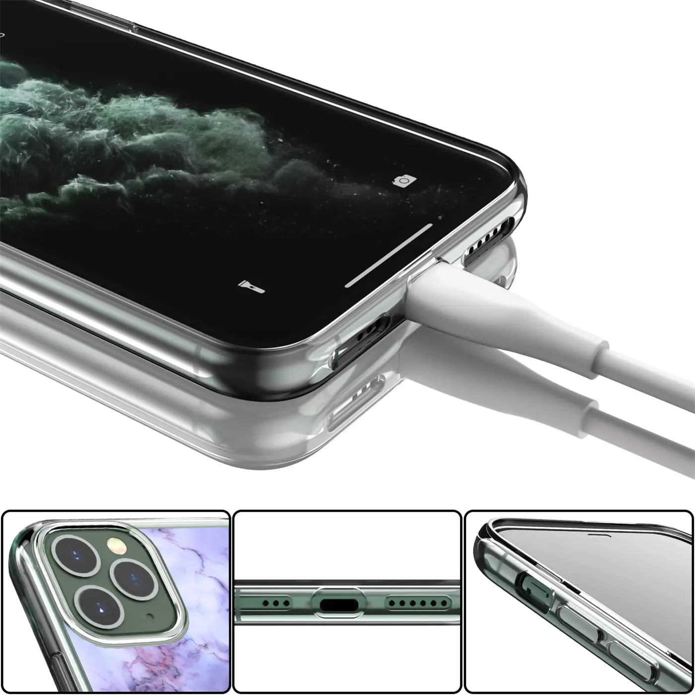 iPhone 13 Pro in transparenter TPU-Hülle, von unten rechts, mit eingestecktem Ladekabel. Unten: Rückseite mit Marmormuster.