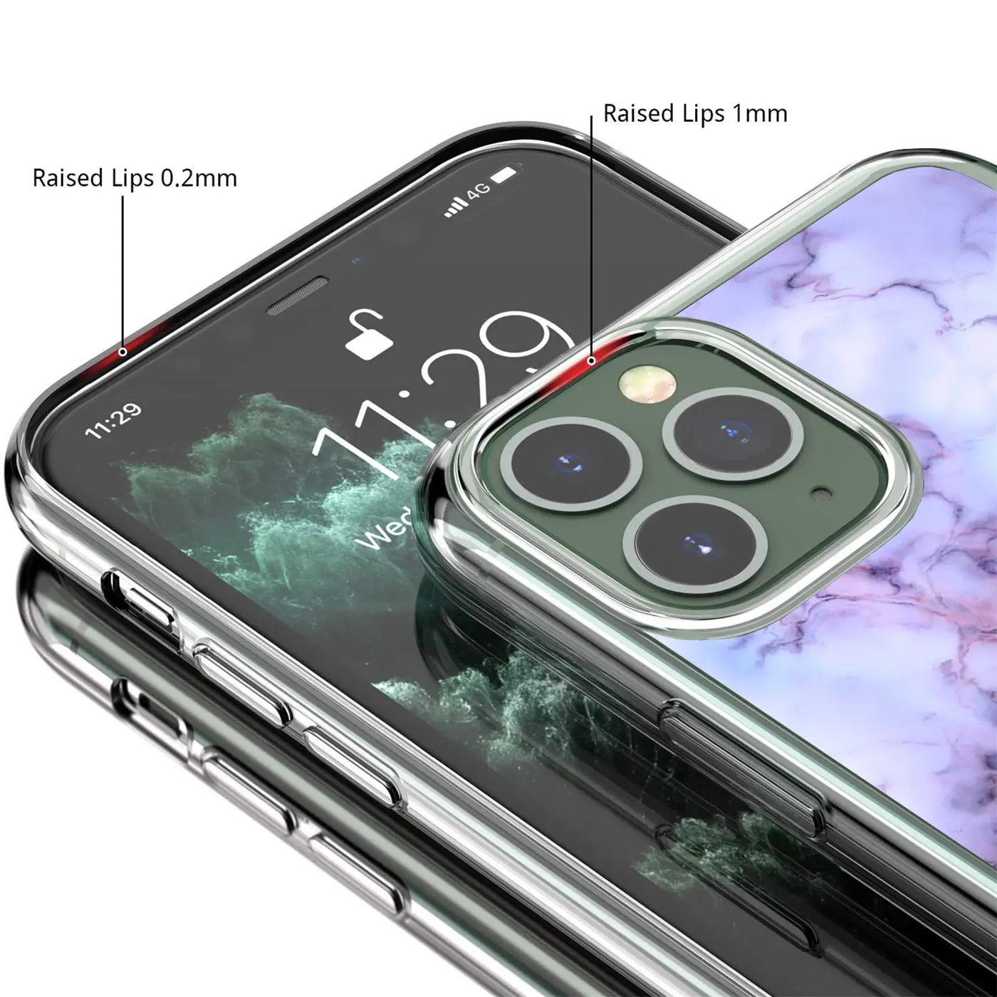iPhone 13 Pro in transparenter TPU-Hülle mit lila Marmor-Motiv, schräg von oben. Erhöhte Ränder an Display und Kamera.