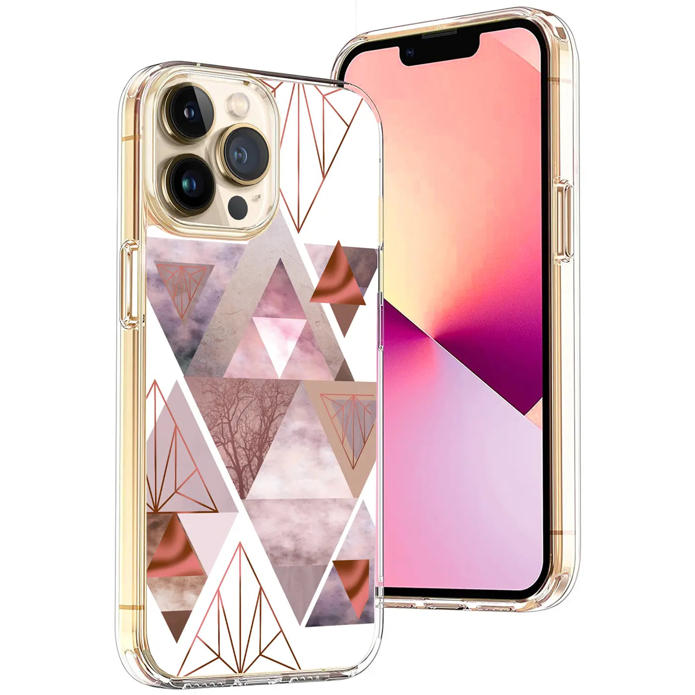iPhone 13 Pro TPU Hülle, transparent mit roségold-grauem Dreiecksmuster, schräg von hinten links.