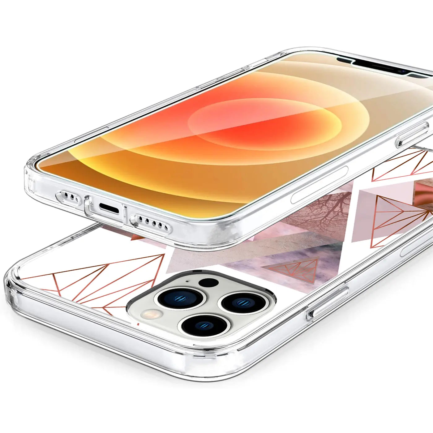 Transparentes iPhone 13 Pro TPU-Case mit roségoldenem, geometrischem Motivdruck, schräg von oben.