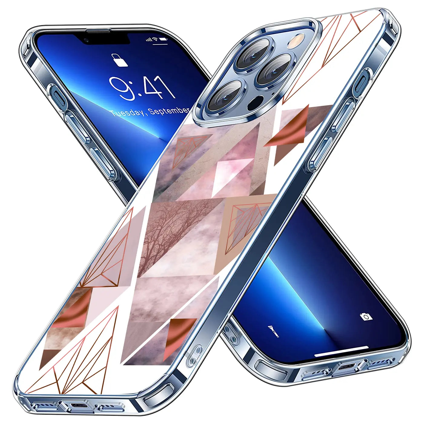 Zwei iPhone 13 Pro in transparenten TPU-Hüllen mit rosafarbenem Geometrie-Muster, schräg von oben.